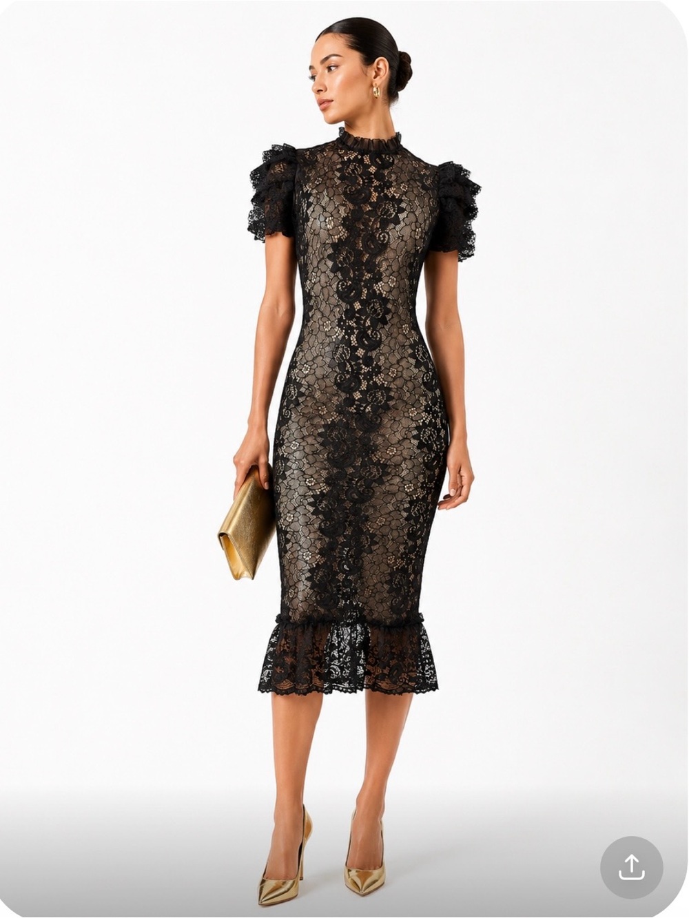 CLUB L London Black Sheer Lace Midi Dress with Ruffle Hem Size 4